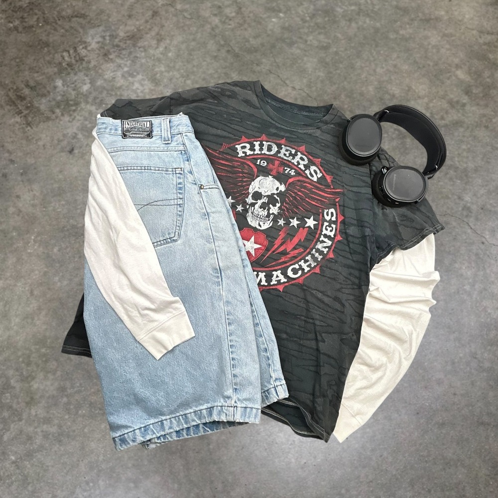 Elite Riders American Machines Skull Graphic Tee XL Black Gray Grunge Y2K 0373